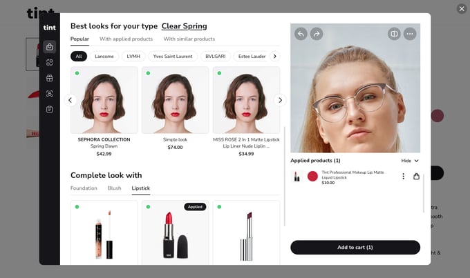 tint virtual try-on product screen